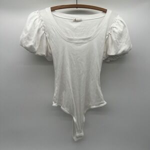 Intimately Free People White Ribbed Puff Sleeve Square Neck Bodysuit OB1892222 M